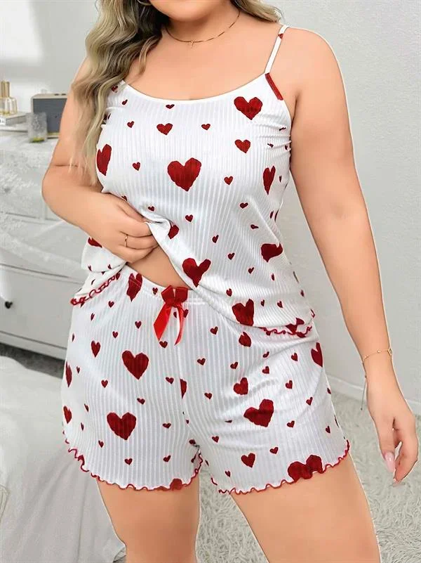 Büyük Beden Kalp Desen Pamuklu Şortlu Pijama Takımı görsel 2