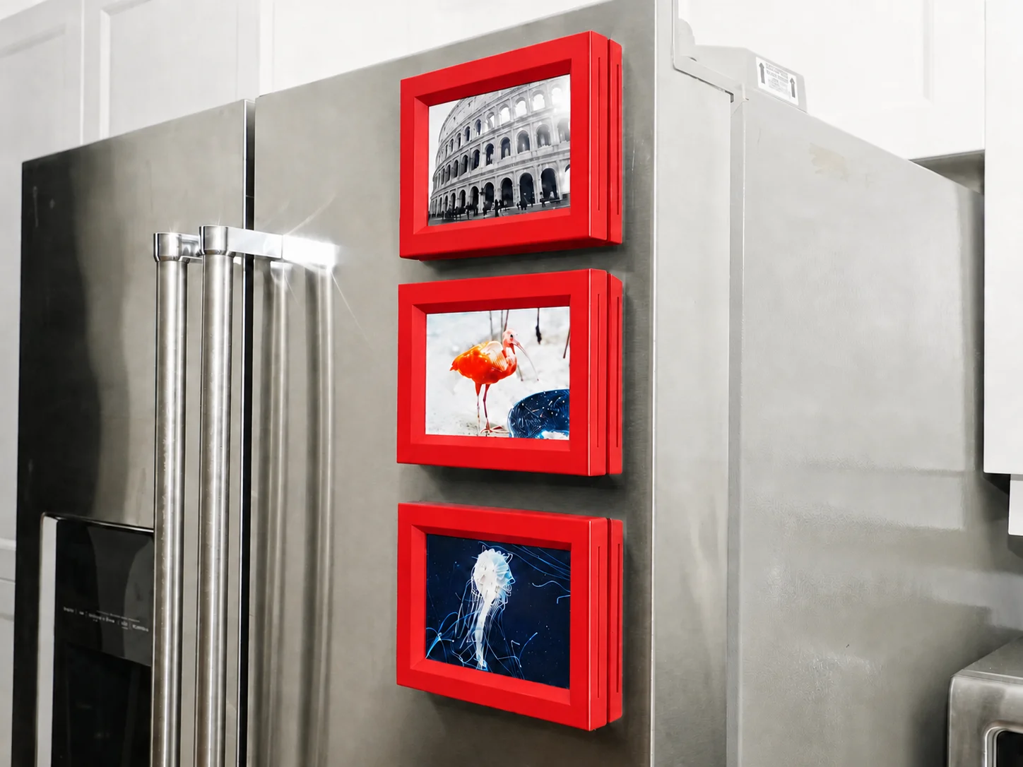 3D Baskı 3lü Magnet Fotoğraf Çerçevesi Seti - Buzdolabı İçin Mini Manyetik Resim Çerçevesi, Dekoratif Magnet-Kırmızı