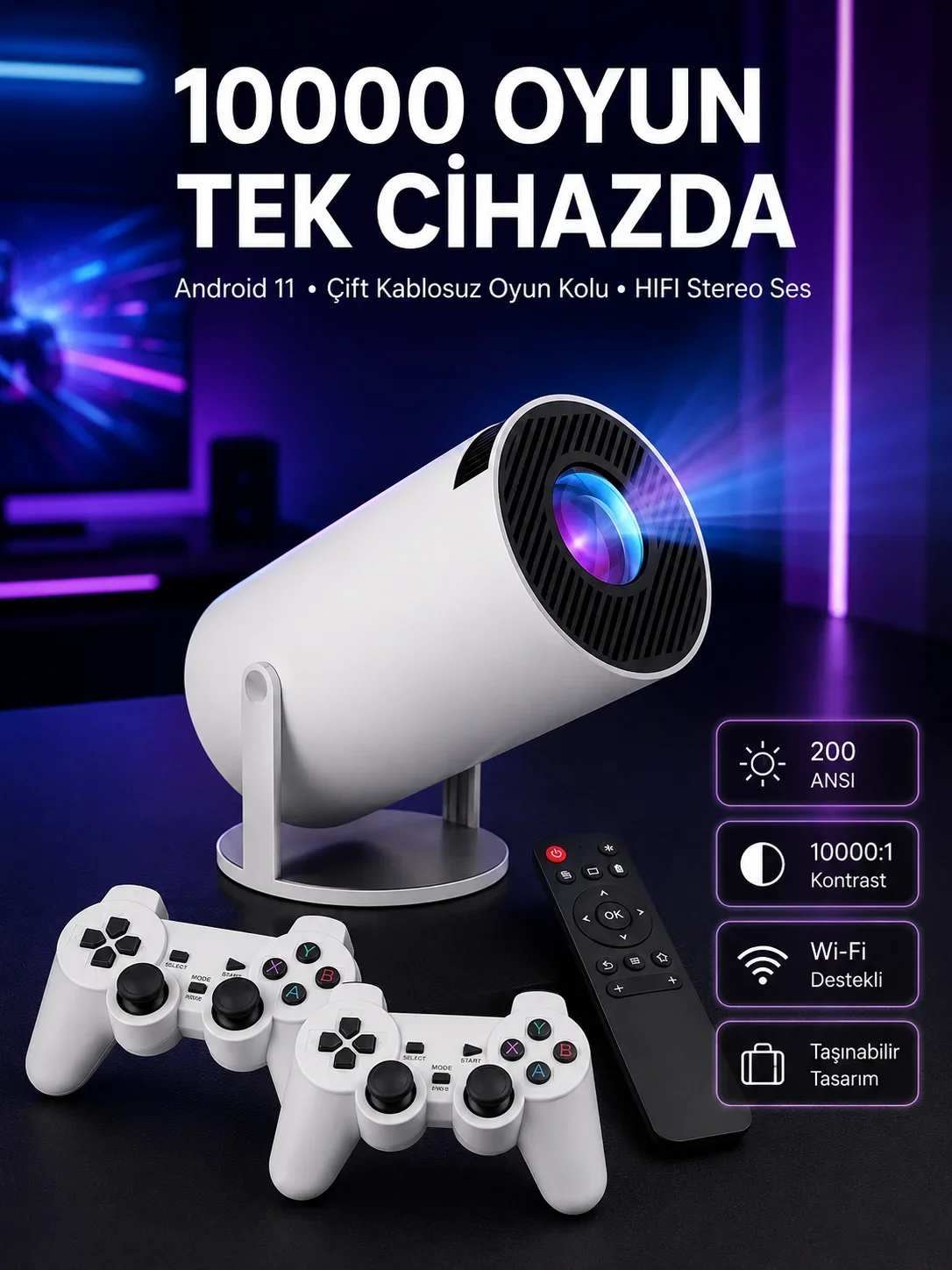 4K Wireless Çift Kollu Kumandalı Oyun Projeksiyonu Retro Video Oyunu Yeni Nesil