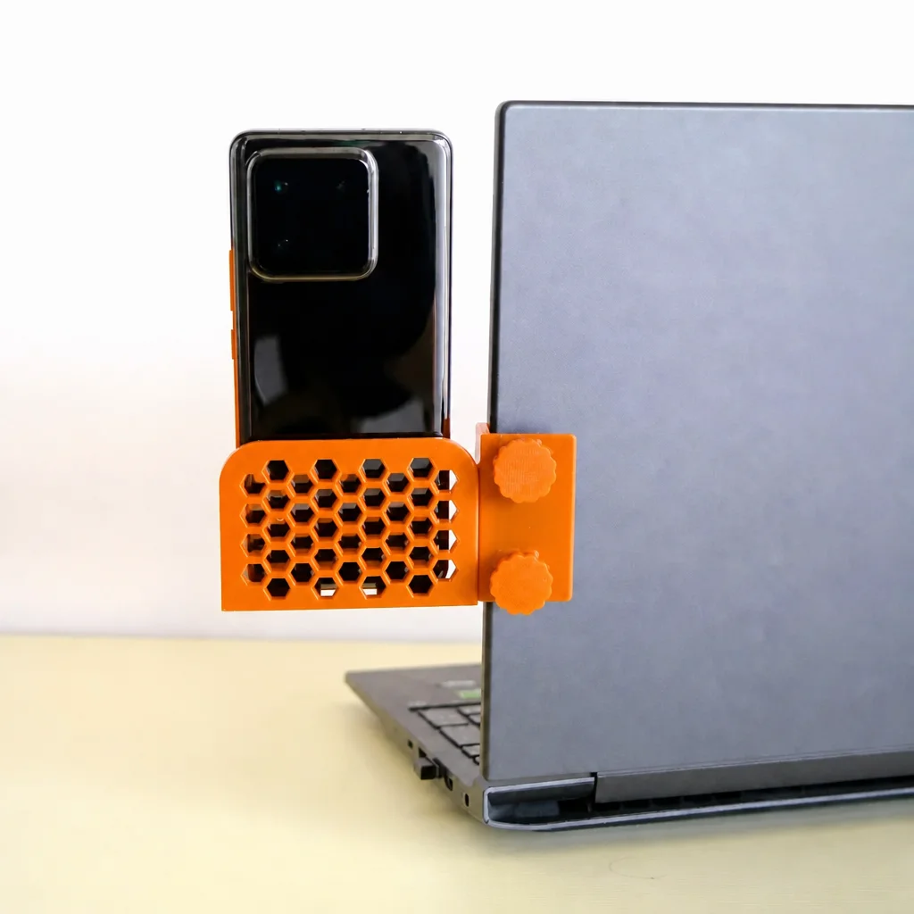 3D Baskı Monitor Telefon Tutucu - Petek Desenli Laptop Kenar Telefon Tutucu-Turuncu görsel 3