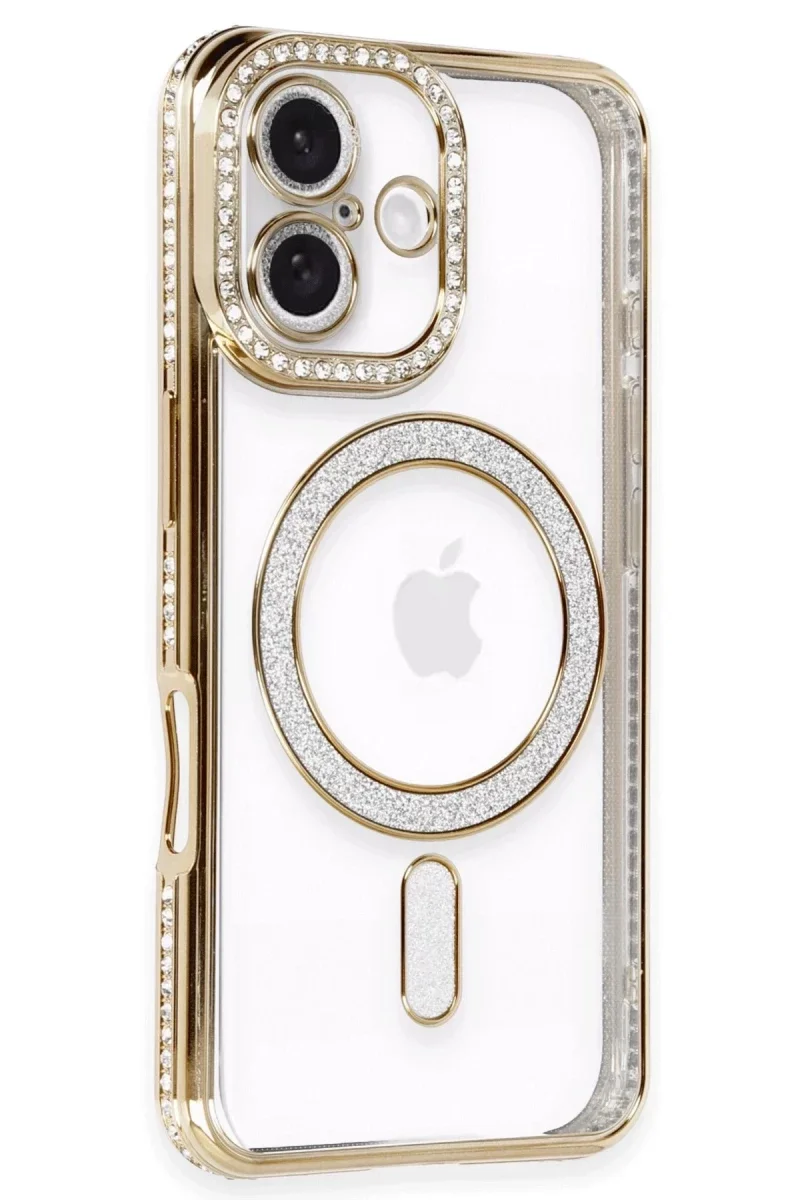 Apple iPhone 16 Kılıf Joke Simli Magneticsafe Kılıf - Gold