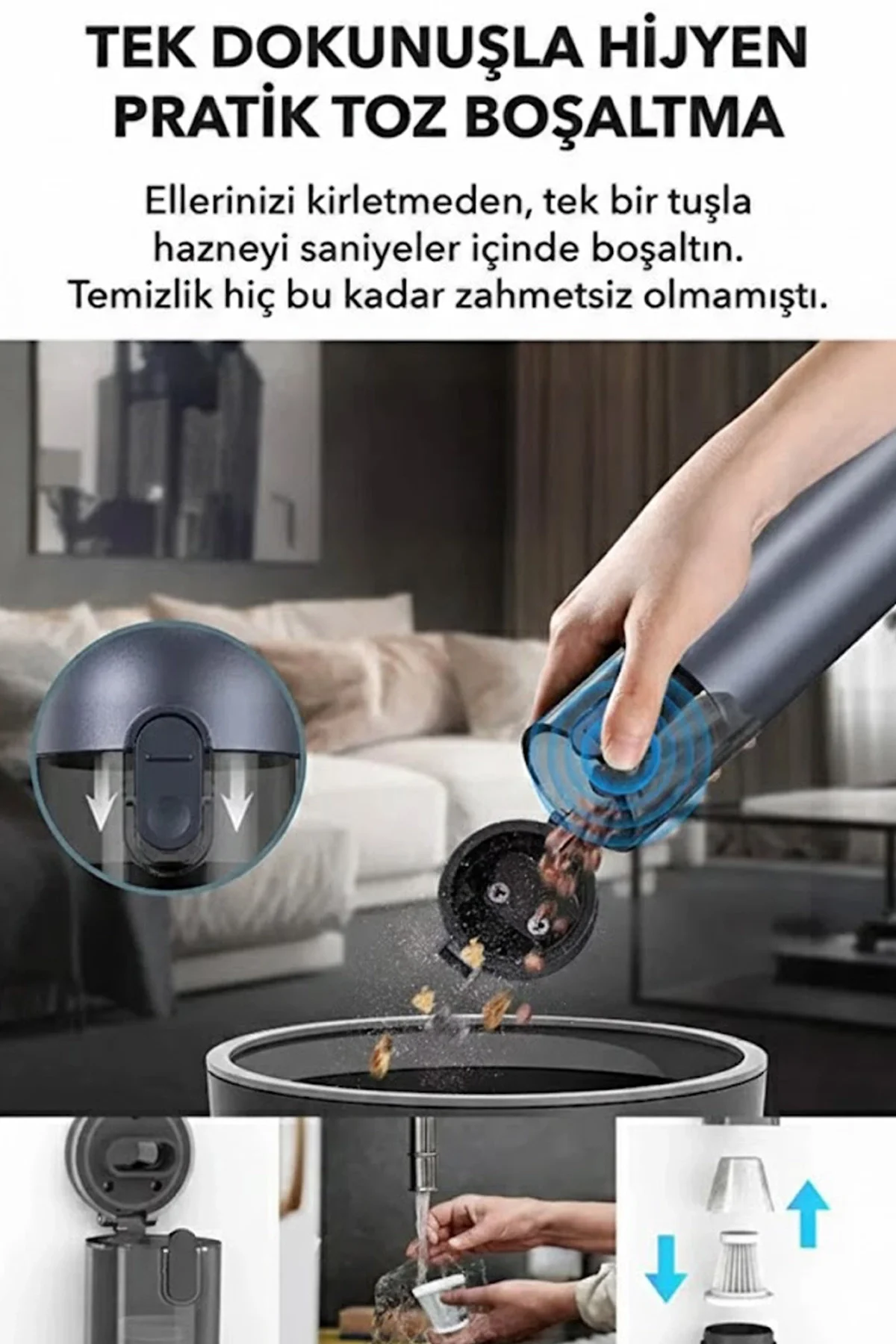Araç Süpürgesi Şarjlı 120W 20.000Pa Göstergeli Yeni Nesil Metal Filtre Extra Vakum ve Üfleme görsel 7