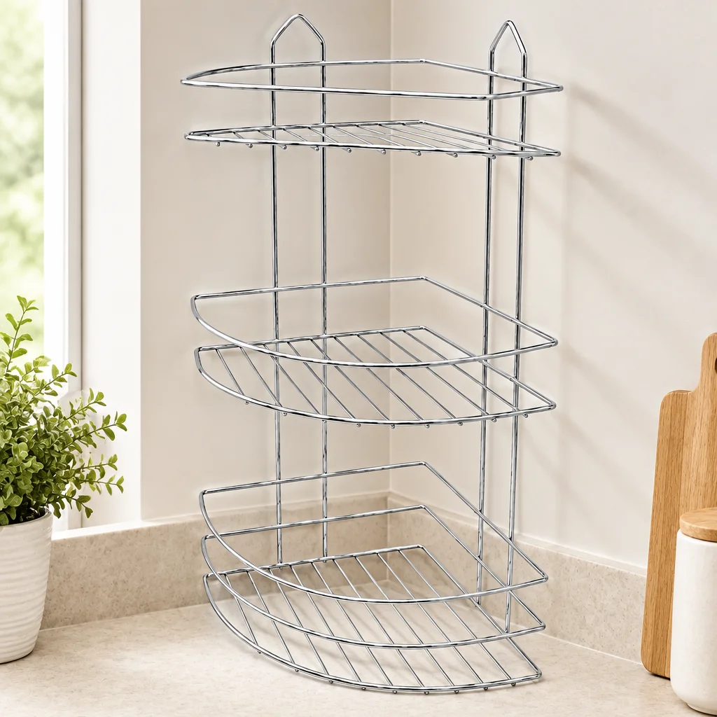 Üç Katlı Üçgen Metal Banyo Köşeliği Krom