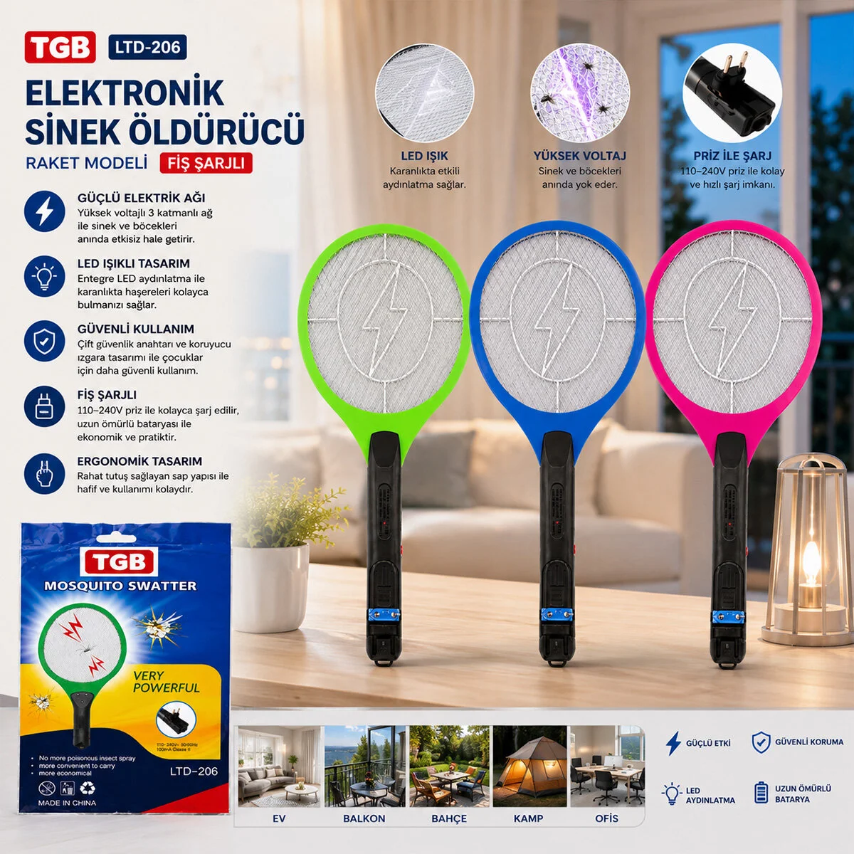 Raket Modeli Fiş Sarjlı Elektronik Sinek Öldürücü Cız Makine LTD-206 görsel 2
