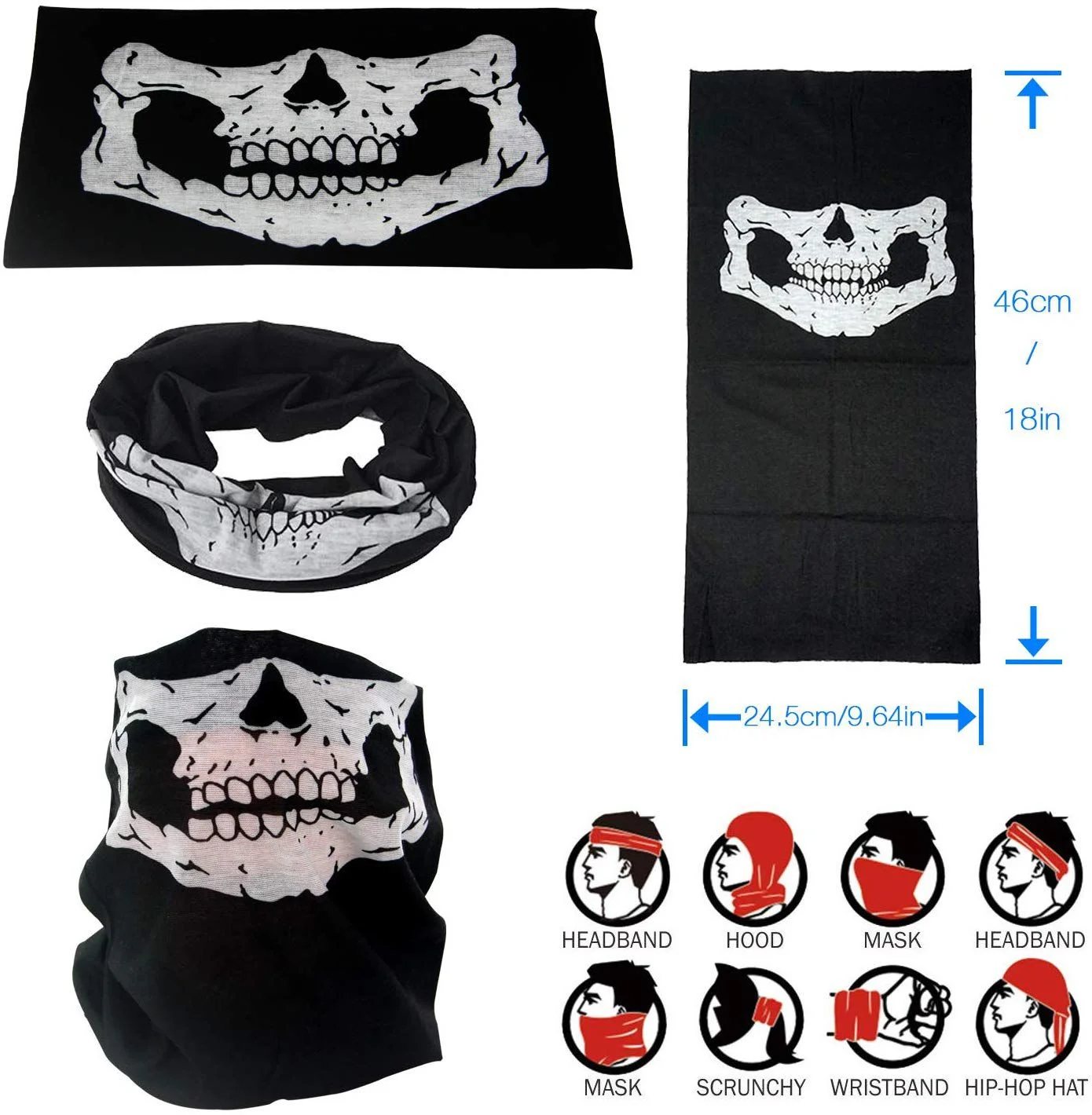 Siyah Renk Dikişsiz Çok Fonksiyonlu Çene Kafatası Yüz Maskesi Baf Buff Bandana Boyunluk Bileklik görsel 3