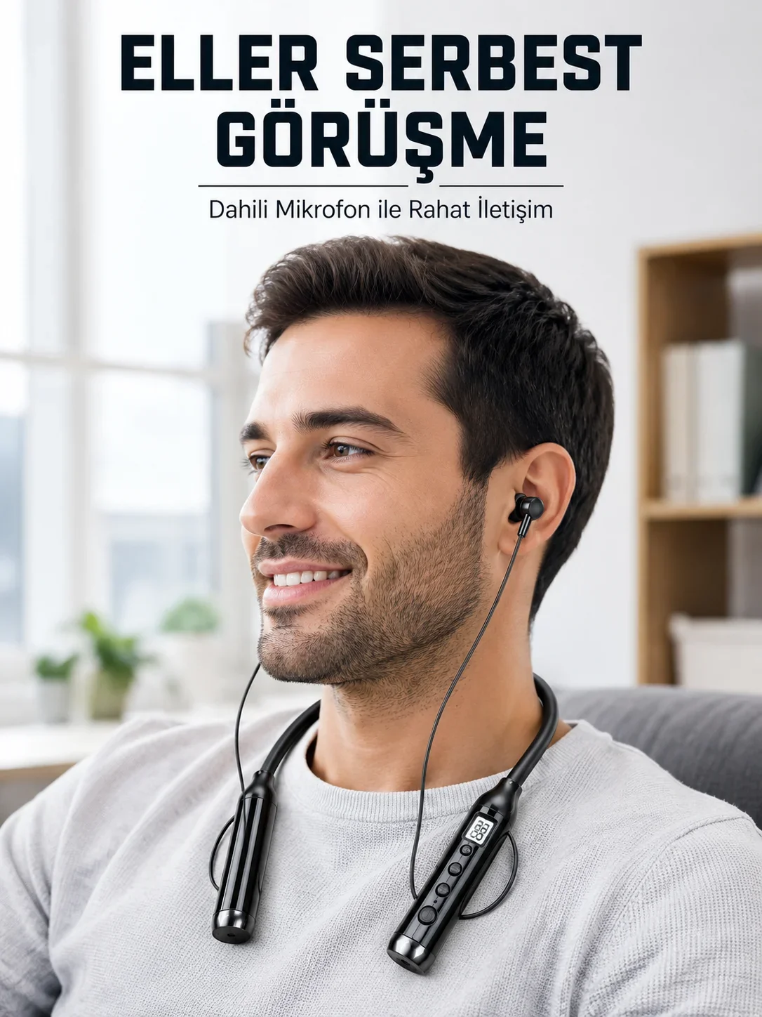 600 Saat Kullanım Süreli Boyun Tipi Bluetooth Kulaklık krofonlu Dijital Göstergeli Kablosuz Kulak İçi Kulaklık