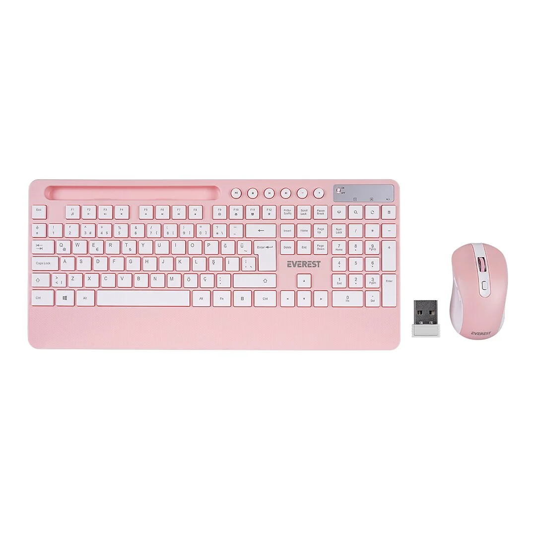 Beyaz - Pembe Kablosuz Klavye - Mouse Seti Tablet - Telefon Standlı Q Kalvye