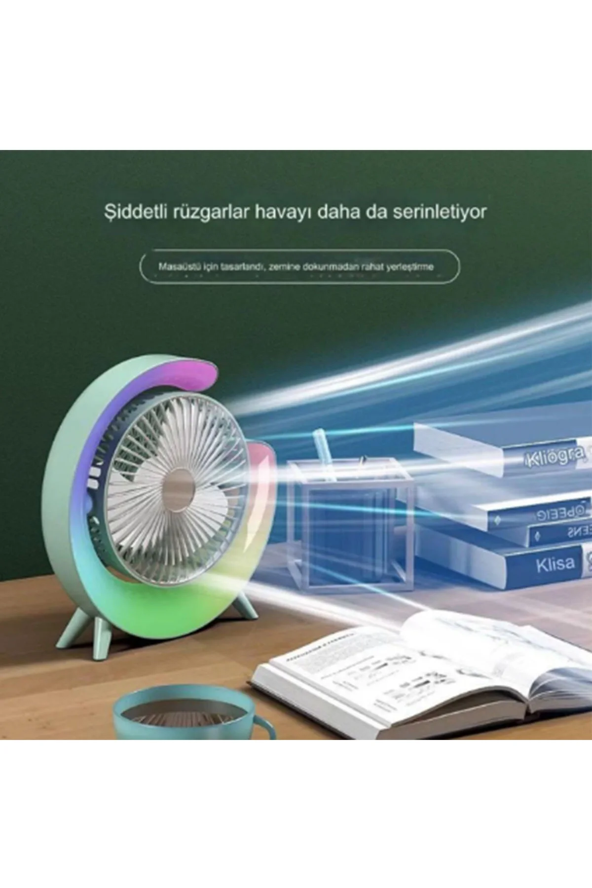 Masaüstü Vantilatör Usb Şarjlı Rgb Led Işıklı 3 Kademeli 180° Ayarlanabilir Soğutucu Fan Mavi görsel 5