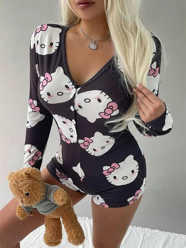 Pamuklu Siyah Hello Kitty Desenli Düğmeli Uzun Kol Tulum Pijama görseli