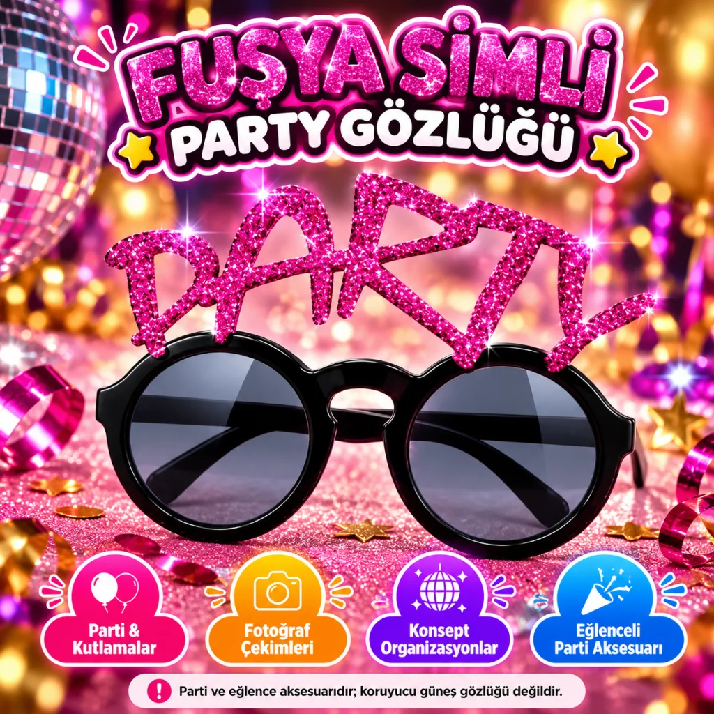 Fuşya Simli PARTY Yazılı Parti Gözlüğü görsel 2