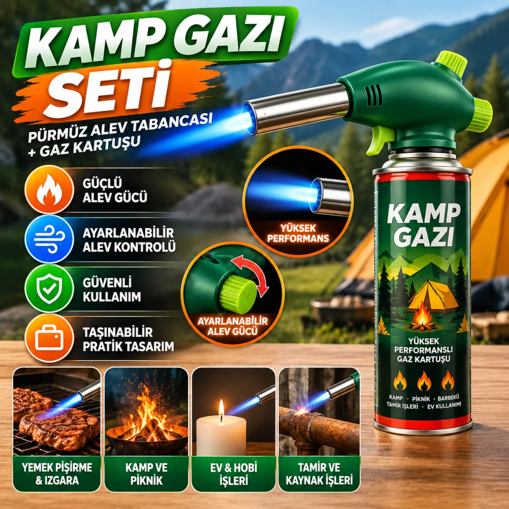 Outdoor Kamp, Piknik ve Tamir İşleri İçin Kamp Gazı Seti – Taşınabilir Pürmüz Alev Tabancası ve Yüksek Performanslı Gaz Kartuşu