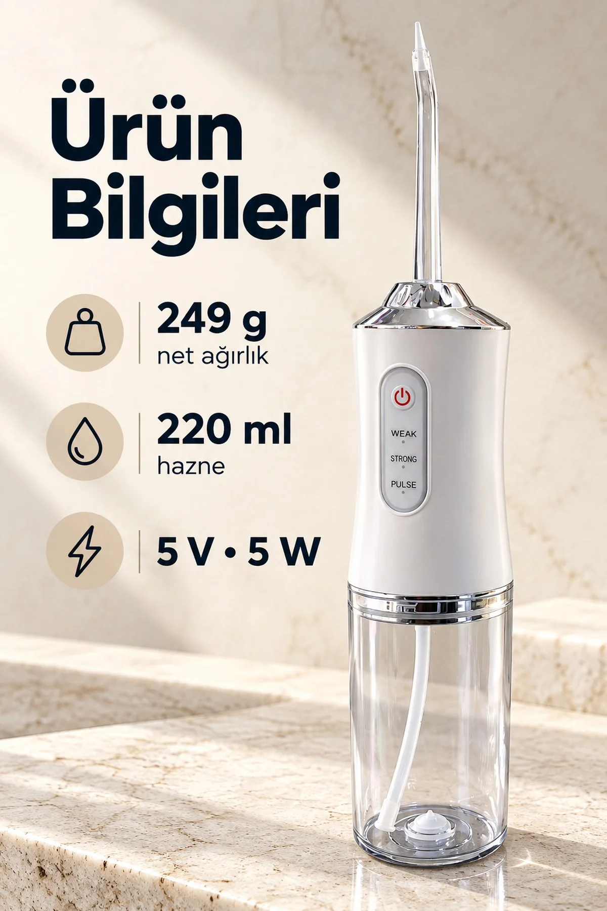 Şarj Edilebilir Ağız Duşu Üç Modlu Şeffaf Hazneli görsel 3