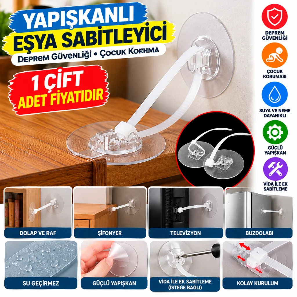 Yapışkanlı Eşya Sabitleyici Aparat Deprem Güvenliği Çocuk Koruma Sabitleme Aparatı 1 Çift