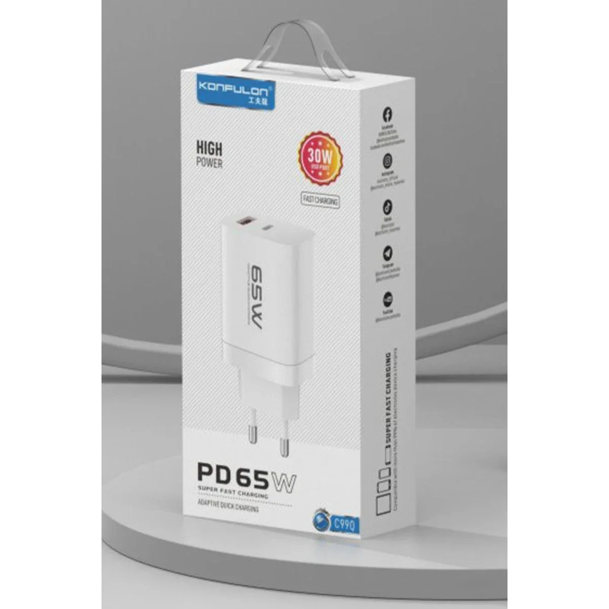 Konfulon C99Q 65W PD Destekli Type-C ve USB Çift Çıkışlı Hızlı Şarj Adaptörü - Beyaz görsel 4