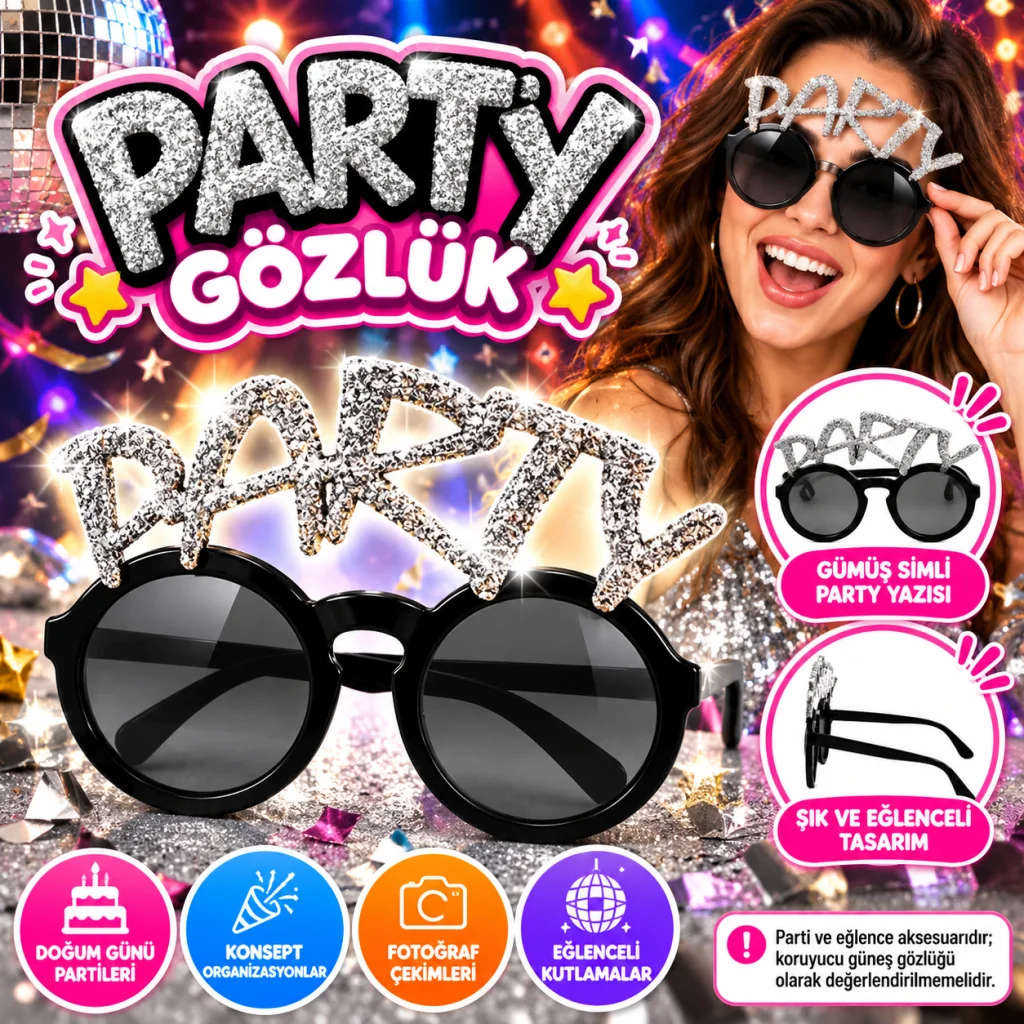 Gümüş Simli PARTY Yazılı Parti Gözlüğü görsel 2