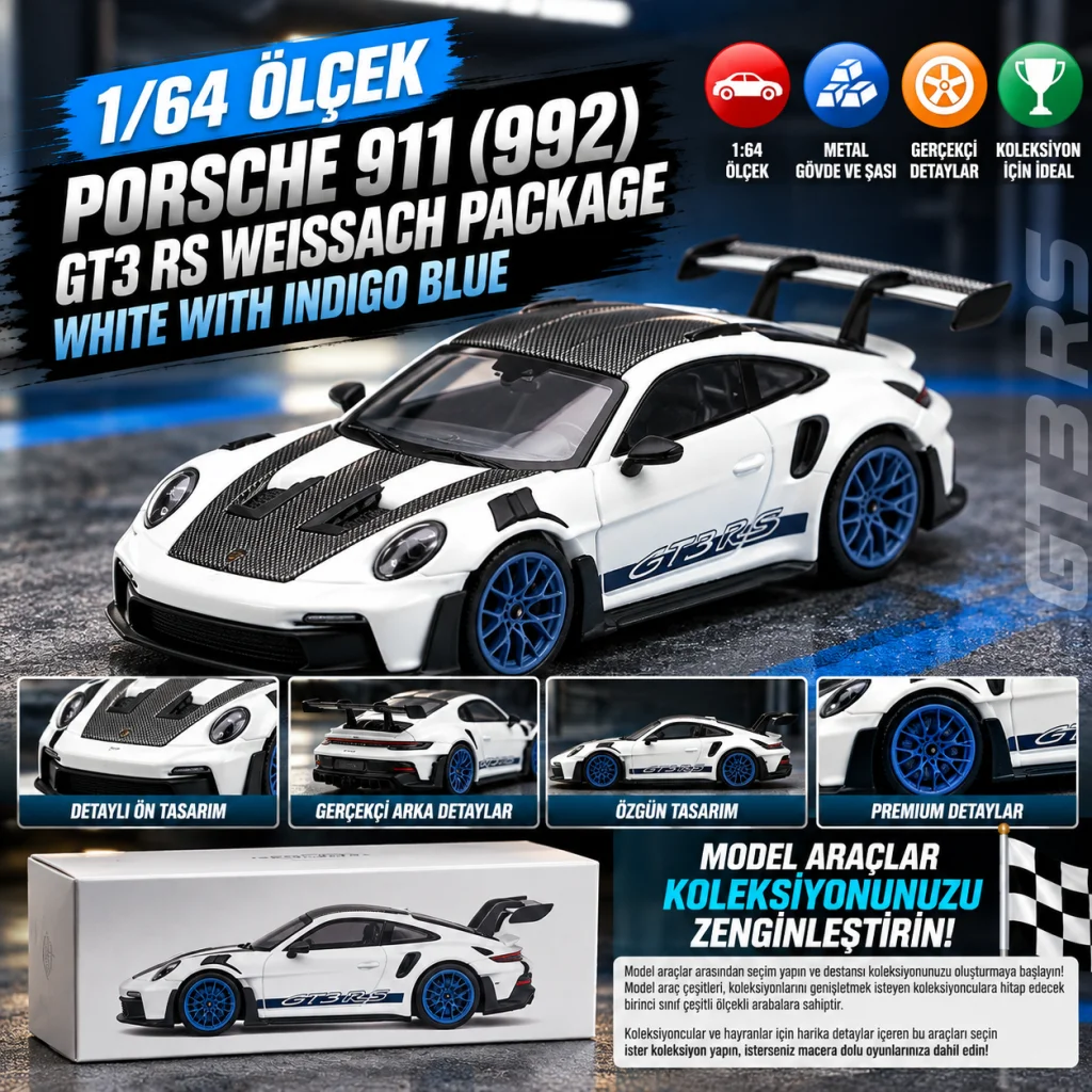 1/64 Porsche 911 (992) GT3 RS Weissach Package White with Indigo Blue