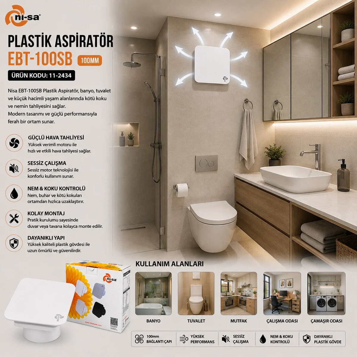 Plastik Aspiratör 100 Beyaz Banyo Tuvalet Havalandırma Aspiratörü 12W EBT-100SB görsel 3