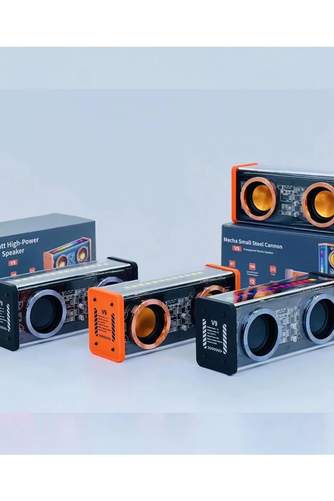 Şeffaf Mecha Müzik TWS Stereo RGB İşıklı Hoparlör Kablosuz Bluetooth 5.0 Taşınabilir Hoparlör V9 görsel 3