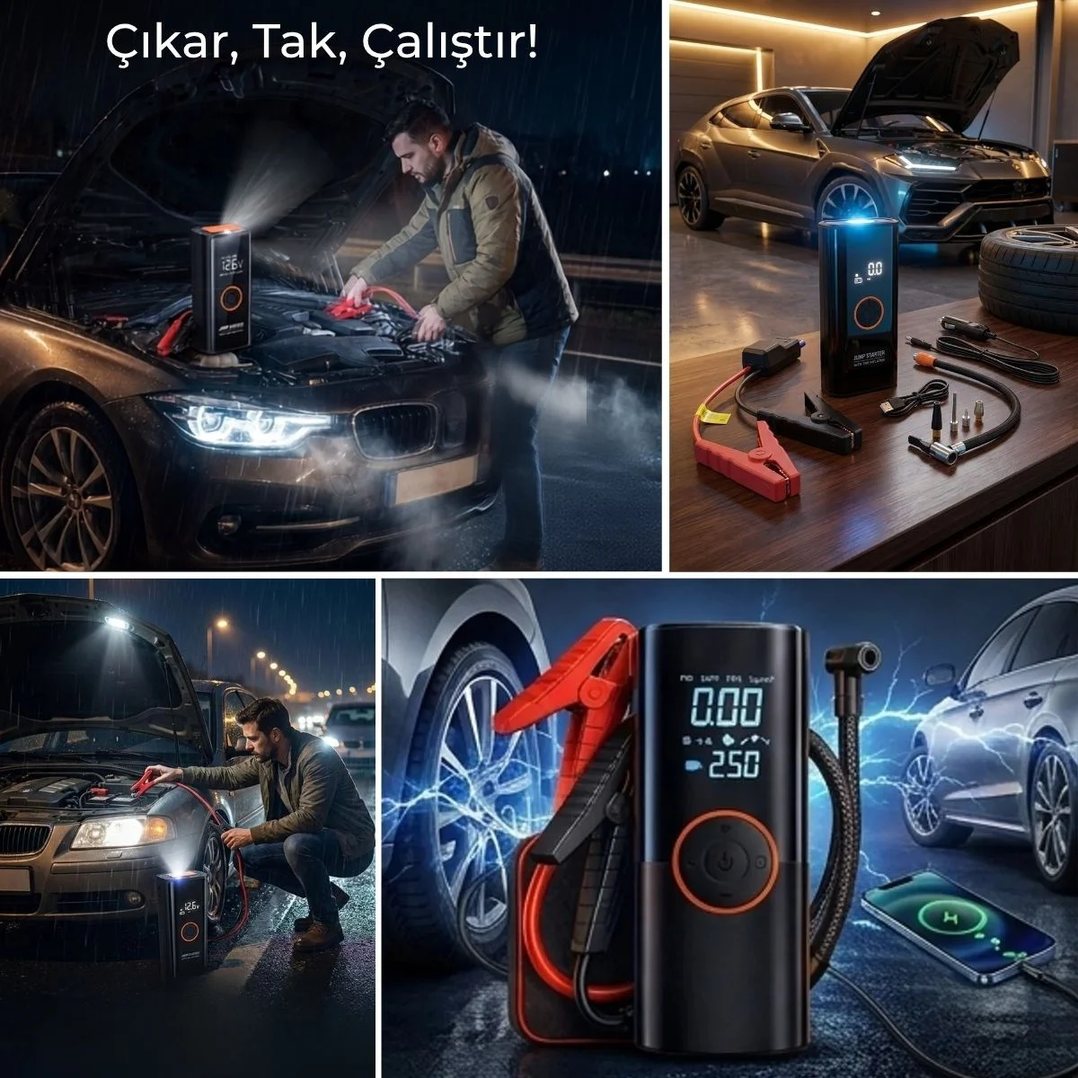 Akü Takviye Cihazı ve Lastik Şişirme Pompası – Powerbank Özellikli, Dijital Ekranlı SOS Fenerli Taşınabilir Kompresör görsel 2