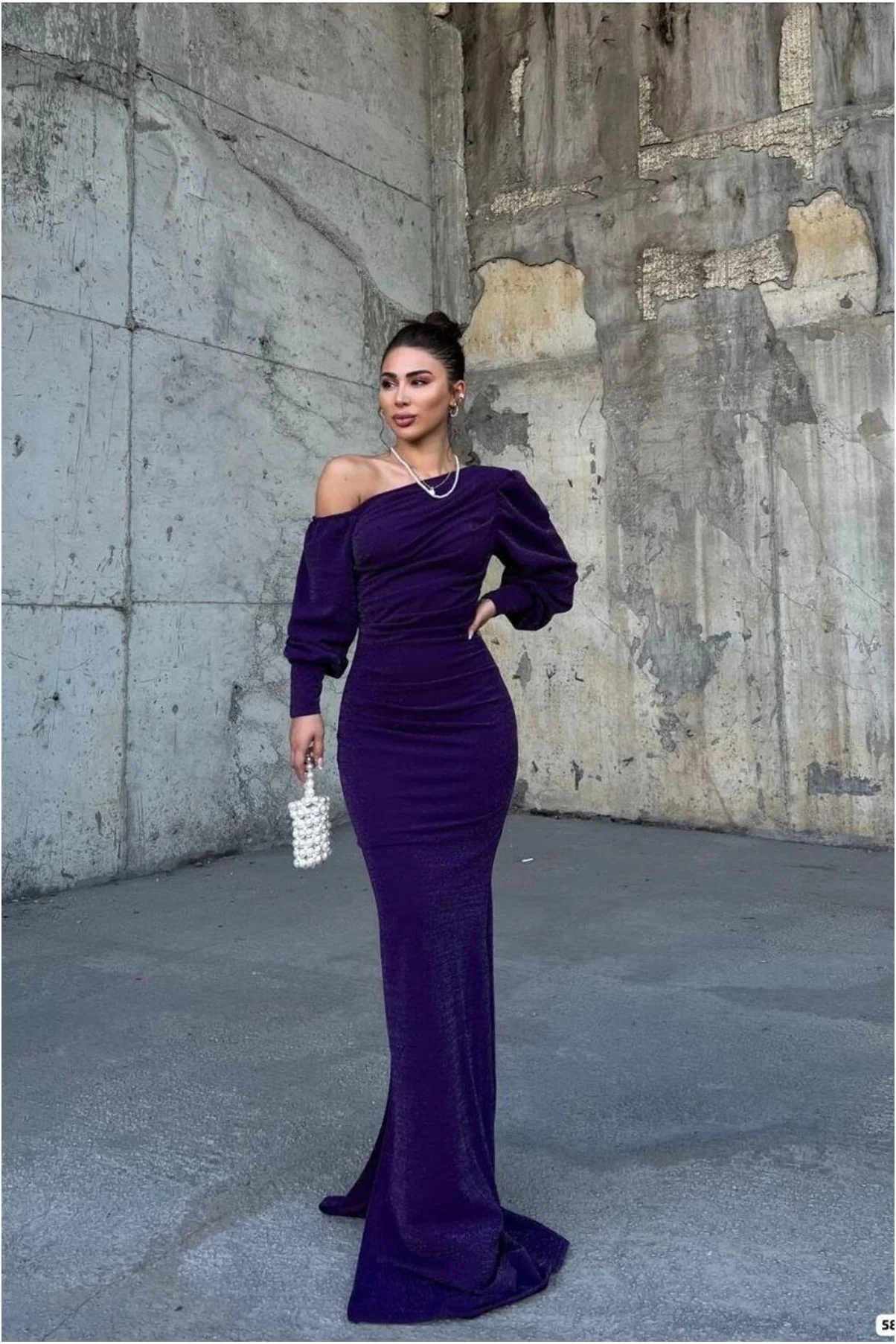 Kadın Modern Stil Krep Kumaş Kayık Yaka Maxi Abiye Elbise