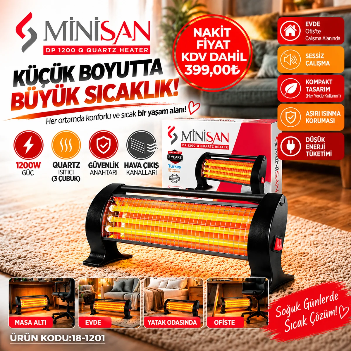 ( 3 Çubuk) ( Masa Altı) Mini Isıtıcı Soba görsel 5