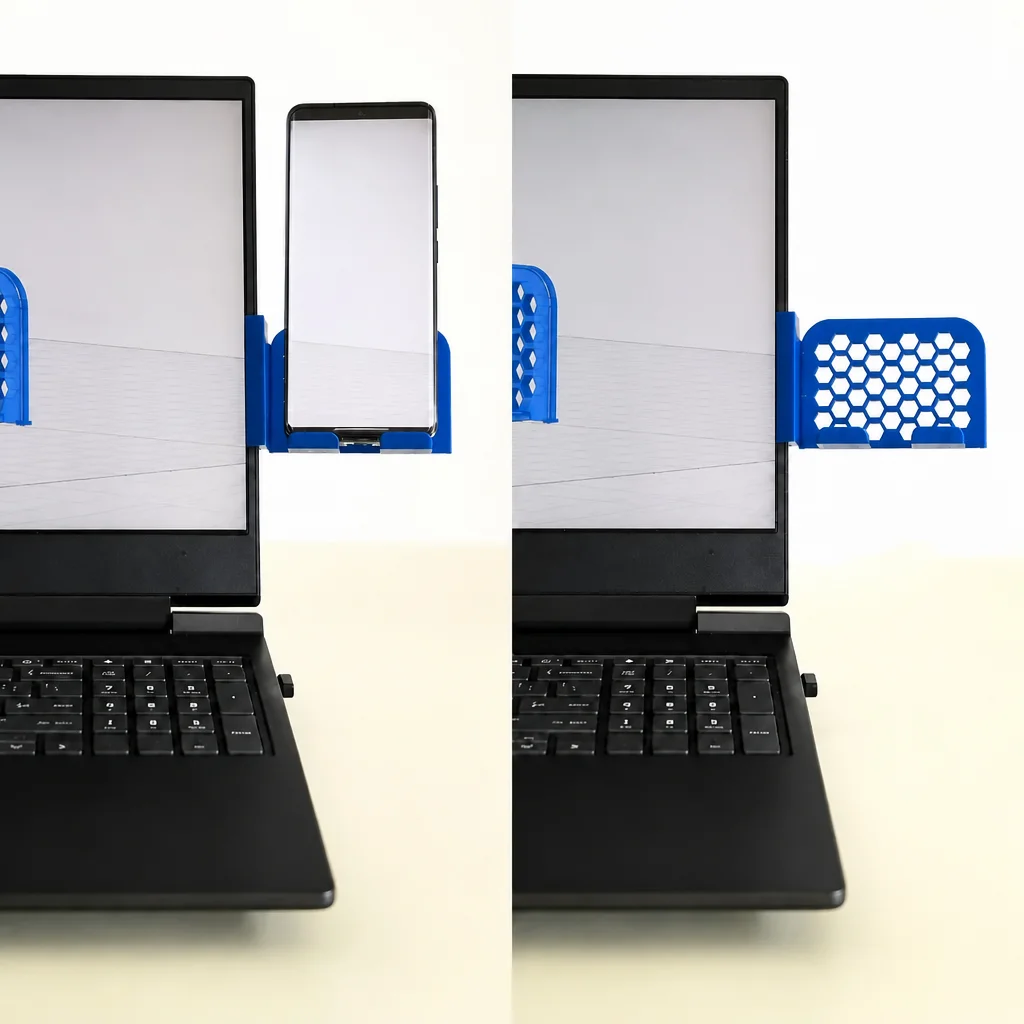3D Baskı Monitor Telefon Tutucu - Petek Desenli Laptop Kenar Telefon Tutucu-Mavi