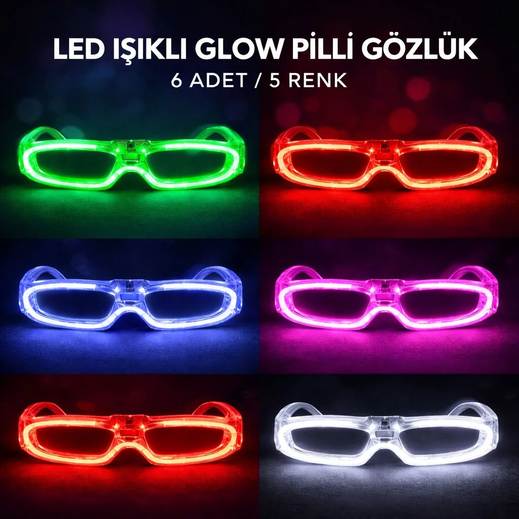 LED Işıklı Glow Pilli Parti Gözlüğü - Glow Efektli 6 Adet 5 Renk görsel 2