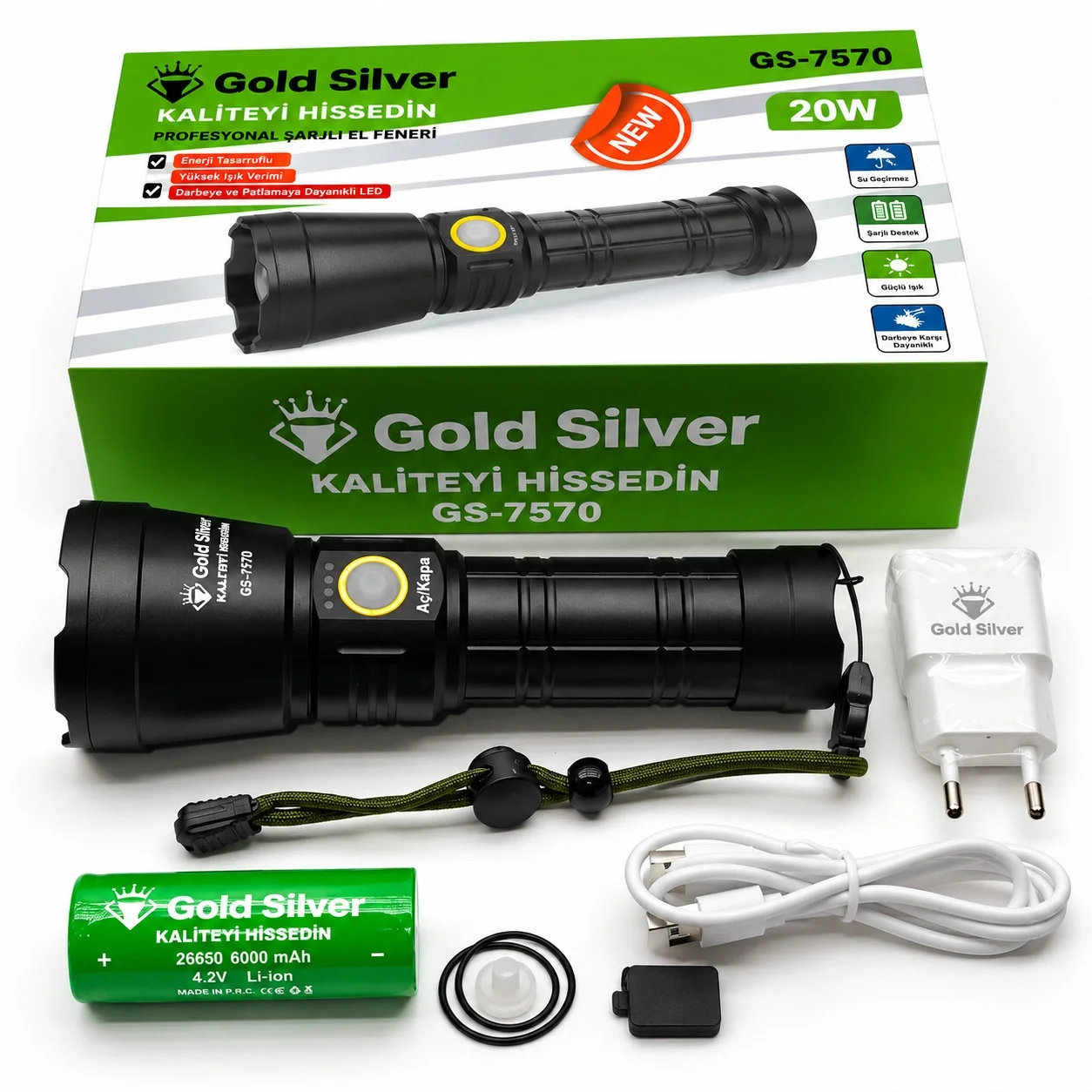 GS-7570 20 Watt 1200 Lümen Süper LED Zoomlu Profesyonel Şarjlı El Feneri