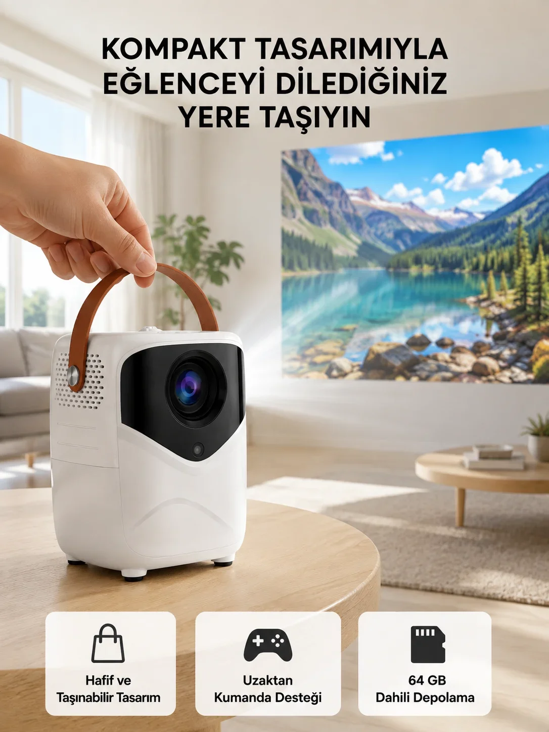 ni Akıllı Projektör – 1080P Full HD, 64GB Depolama, 2GB RAM, Uzaktan Kumanda Destekli Yeni Nesil