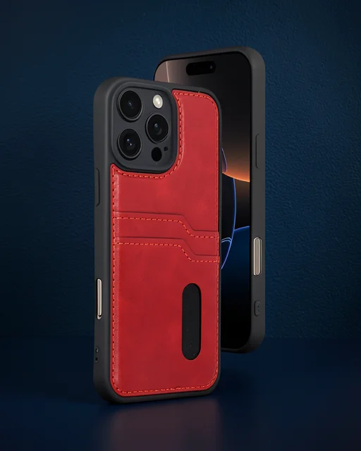 Apple İphone 16 Pro Max Kılıf Sara Kartvizitli Deri Kılıf - Kırmızı