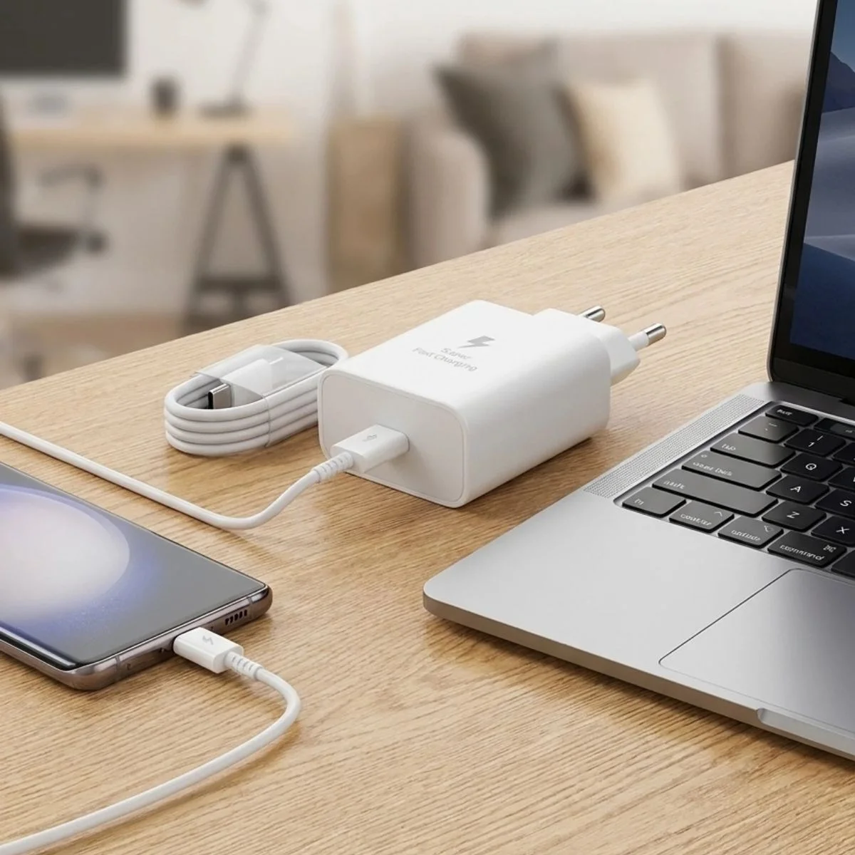45W Süper Hızlı Şarj Adaptörü USB-C PD 3.0 PPS Fast Charger + 5A Type-C to Type-C Kablo görsel 3