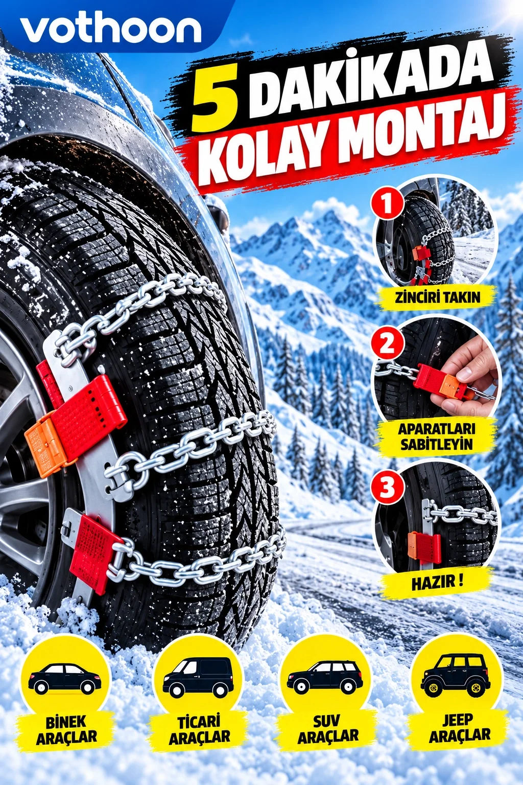 Kolay Tak Çıkar Kar Zinciri 12 mm – Binek, Hafif Ticari, SUV ve Jeep Araçlara Uyumlu Pratik Montaj görsel 2
