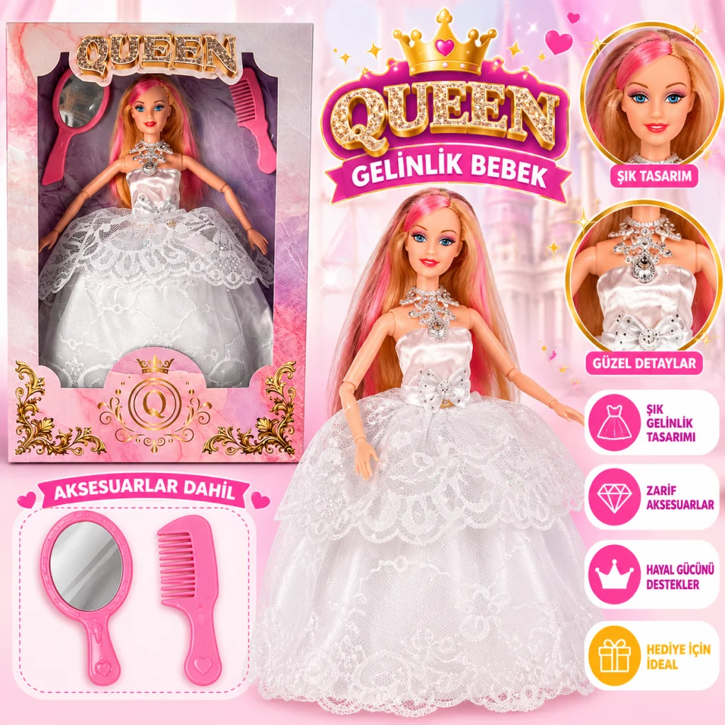 QUE-107 KUTU.GEN.GELİNLİK.AKSESUAR.QUEEN BEBEK OYUNCAK BEBEK (adet fiyatıdır)