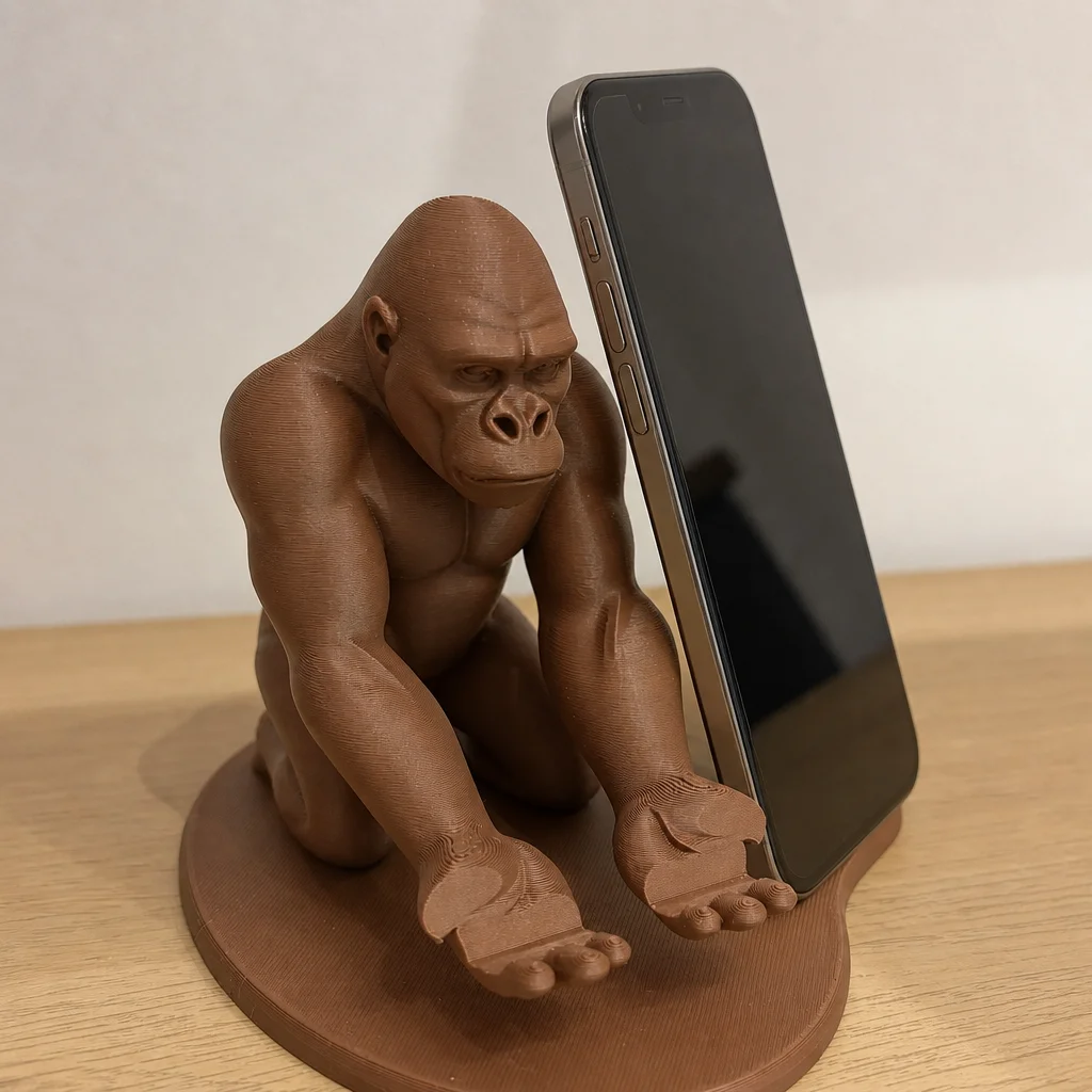 3D Baskı Goril Telefon Tutucu - Kaslı Goril Masaüstü Telefon Standı-Kahverengi görsel 2