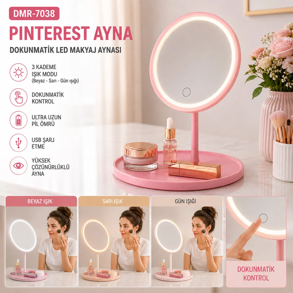 Yuvarlak 3 Kademe Dokunmatik Led Makyaj Aynası Beyaz-sarı-günışığı görsel 2