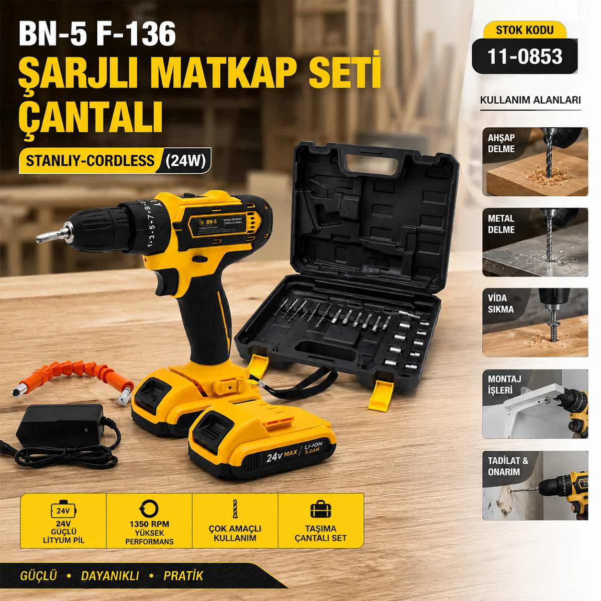 Şarjlı Matkap Seti 24W 1350 RPM Çantalı görsel 3