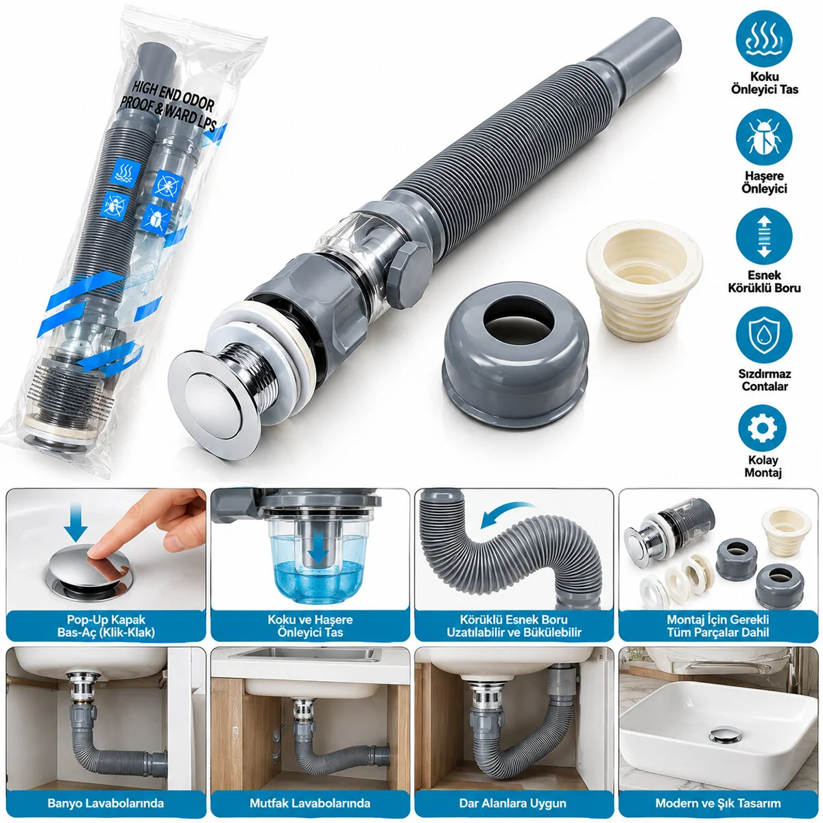 Lavabo Atlı Koku Önleyici Körüklü Şeffaf Sifon görsel 3