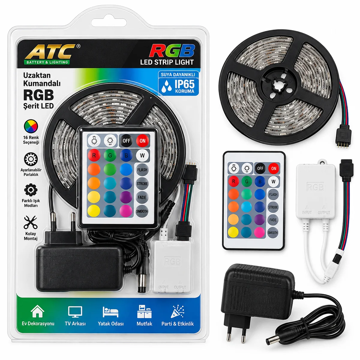 5m RGB Şerit LED (IP65, Kumandalı, Adaptörlü, 54 LEDs/m, SMD2835) görsel 2