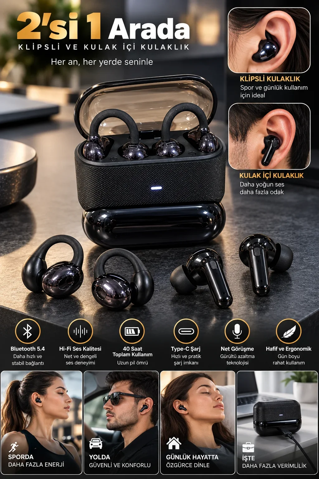 Kablosuz Bluetooth Kulaklık 4 Kulaklıklı 2’si 1 Arada Siyah görsel 2