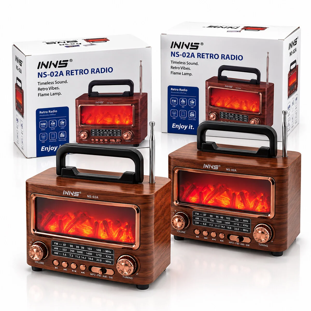 İbreli Şömineli Radyo - Retro Am - Fm - Sw Usb - Type-c Sarjlı Bt - Tf - Usb Speaker NS-02A PL-4731