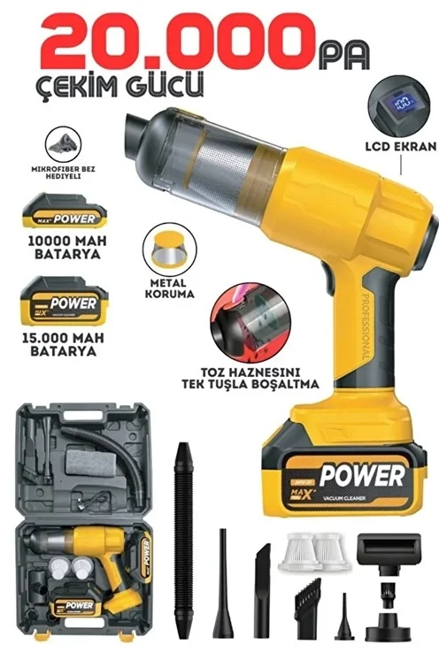 25.000mAh Çift Bataryalı Auhma 20.000PA Ultra Çekim Güçlü Çantalı Araç Temizleme Süpürgesi