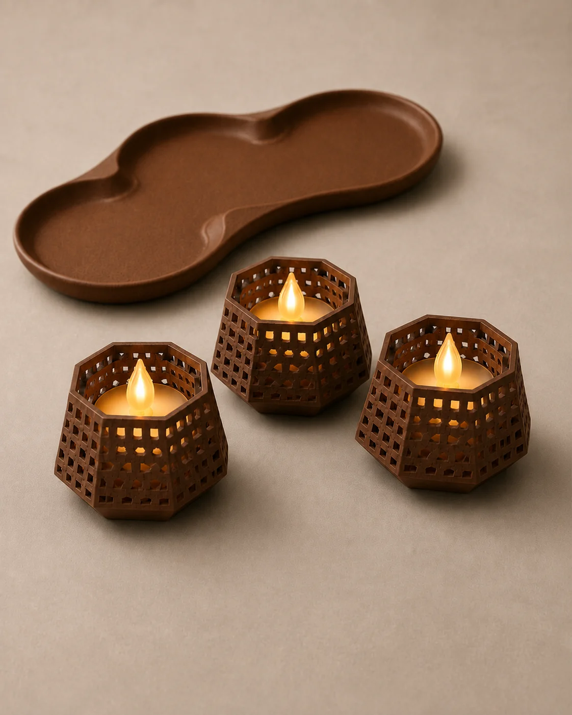 3D Baskı Dekoratif Mumluk Seti - Desenli Tealight ve Masaüstü Aydınlatma Objesi-Kahverengi görsel 2