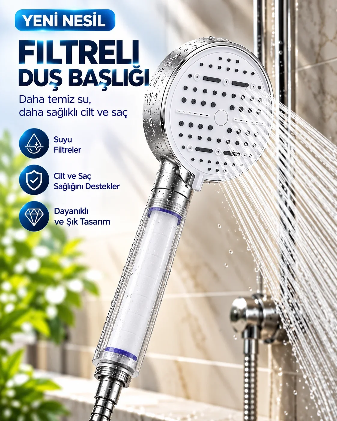 Çok Fonksiyonlu Filtreli Duş Başlığı 6 Farklı Sprey Modu Büyük Panel Beyaz