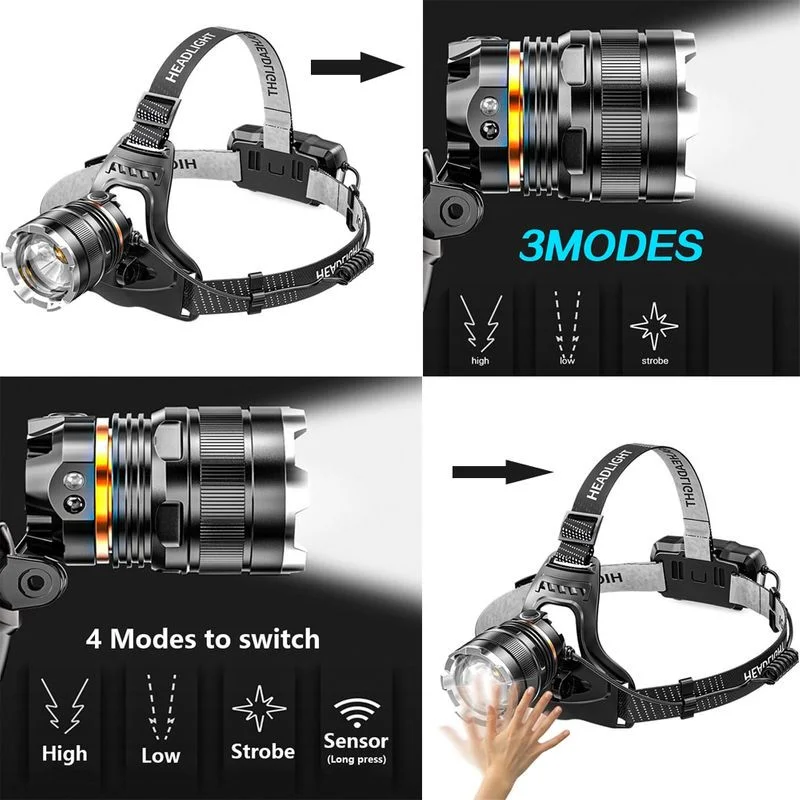 PS-8002 XHP50 LED Sensörlü Zoomlu Profesyonel Şarjlı Kafa Feneri – Yüksek Işık Gücü, Alüminyum Gövde, Micro USB görsel 4