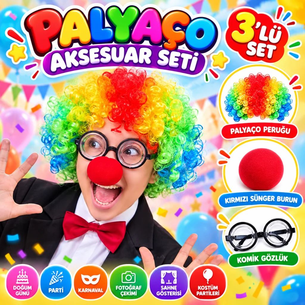 Palyaço Kostüm Aksesuar Seti 3’lü – Peruk Burun Gözlük görsel 2