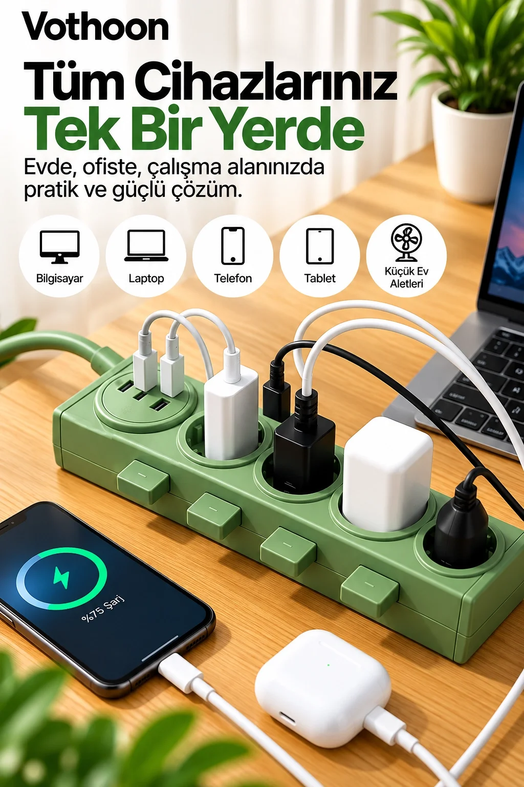 Vothoon 4’lü Akıllı Priz Tek Dokunuşla Fiş Çıkarma 2 Metre Kablo 2 Type-C + USB 15W Hızlı Şarj 3680W görsel 2