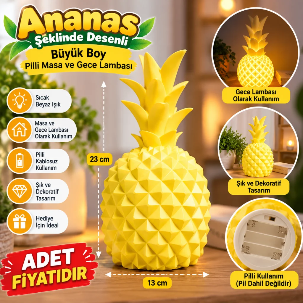 Ananas Şeklinde Desenli Büyük Boy Pilli Masa ve Gece Lambası (adet fiyatıdır)