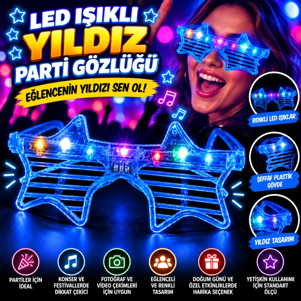 Mavi Led Işıklı Yıldız Parti Gözlüğü görsel 2