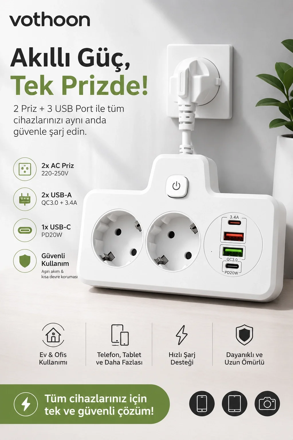 Bkl-502 Akım Korumalı 2Li Priz 2 USB ve 2 Type-C Çıkış 4000W Hızlı Şarj Duvar Tipi Dokunmatik Led Aydınlatmalı