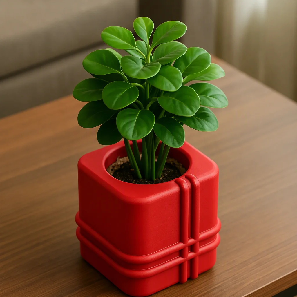 3D Baskı Square Planter - Izgara Desenli Küp Saksı-Kırmızı görsel 3